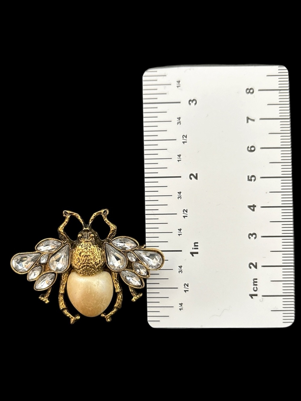 Gold Bee Brooch with Crystal Wings and Cream Pearl Body - Picture 3 of 3